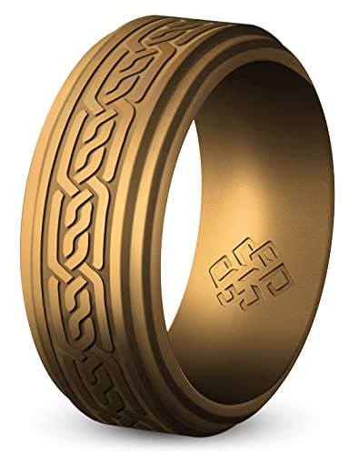 Knot Theory Silicone Ring for Men - Trinity, Claddagh, Celtic Engraving - 8mm Bandwidth Breathable Comfort Fit - color: Antique Gold Celtic, size: Size 10 ~ 10.5