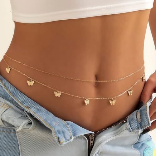 14K Gold Plated Waist Chain for Women, 2Pcs Adjustable Pearl Beads Body Chain, Sexy Layered Summer Beach Bikini Belly Jewelry Accessories - style: Chain&Butterfly