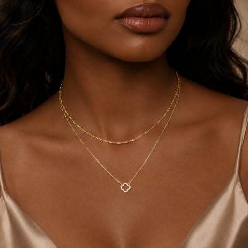 Dainty Gold Necklaces for Women Trendy Non Tarnish 14K Gold Plated Cubic Zirconia Necklace Layered Simple Cute Four Leaf Clover Choker Jewelry Birthday Gifts - color: Gold, style: Layered Small CZ