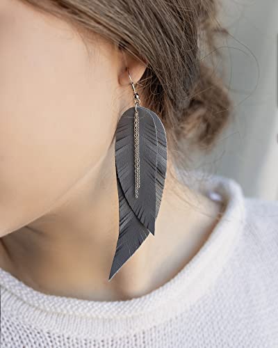 Black shiny Leather Feather Earrings for Women, Lightweight Minimal Boho Dangle Earrings, Small Simple Everyday Jewelry - color: dark grey