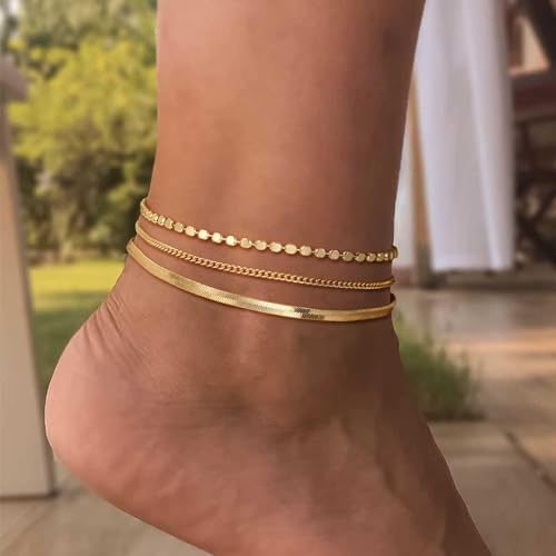 Ankle Bracelets for Women, 14K Gold Anklets for Women Waterproof Cuban Link Chain Layered Anklet Set Gold Ankle Bracelets for Women Summer Beach Foot Jewelry Gifts - color: 3 Gold Snake Chain01