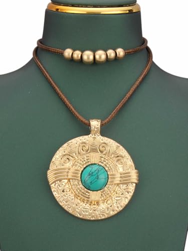 Jeilwiy Leather Necklace for Women Funky Necklace Choker String Cord Necklace with Pendant Boho Style Jewelry - style: Turquoise Pendant Brown Leather