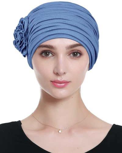 Alnorm Flower Design Chemo Hair Loss Caps Cancer Headwear for Women - color: Blue Fog