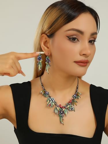 Vintage Chunky Statement Jewelry Set Retro Leaf Floral Geometric Bohemian Boho Bib Necklace Earring Set Fashion Costume Jewelry for Women Girls Wedding Party Prom Unique Gift - style: purple flower green leaf red bird JS
