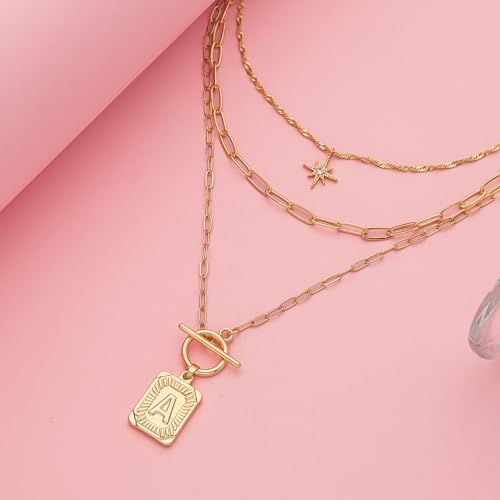 Paxuan Dainty Gold 3-Layer Personalized Initial Necklace for Women - 18K Gold Layered Letter Pendant Necklace Adjustble Paperclip Chain Choker Necklace Jewelry Gifts with Star Charm - style: Letter A