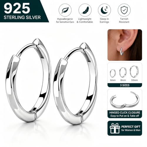 925 Sterling Silver Huggie Hoop Earrings for Women Men, Hypoallergenic Small Sleeper Hoop Earrings for Sensitive Ears, Lightweight Tiny Cartilage Helix Tragus Hoops 6mm 8mm 10mm - size: 2 pairs silver8mm/10mm