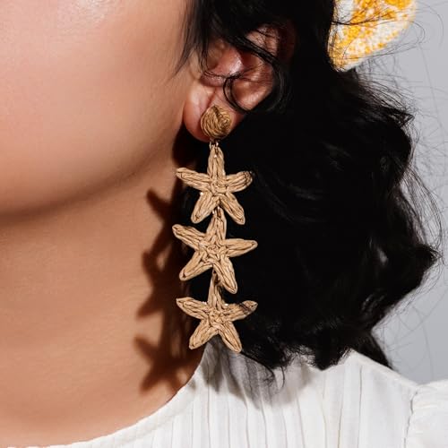 Boho Raffia Earrings Starfish Shell Seashell Dangle Drop Earrings Cute Statemnet Trendy Jewelry Summer Beach Outfits for Women - color: Sand, size: Seastar