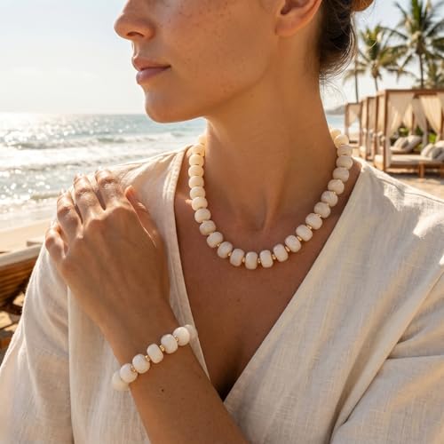 Gmai Chunky Bead Necklace and Bracelet Set for Women Boho Big Bead Statement Necklace Adjustable Fashion Trendy Summer Necklaces Jewelry Gift Set - color: white 2pcs set