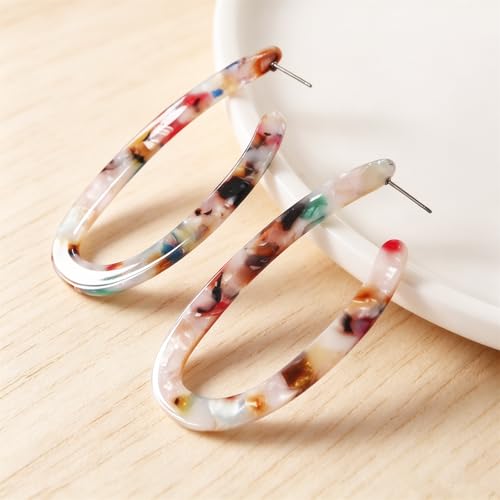 Boho Acrylic Hoop Earrings Bohemian Statement Colorful Acetate Lucite Tortoise Shell Resin Geometric Big Lightweight C Open Hoops Earrings for Women Prom Party Holiday Fashion Jewerly Gifts - color: U-shaped white