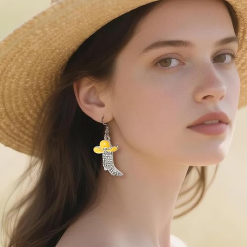 RechicGu 3 Pairs Western Cowgirl Cowboy Hat Earrings Set Silver Symmetric Boots Sparkly Rhinestone Tassels Drop Dangle Rural Culture Earrings Set For Women - color: Silver Boots,Yellow Hat