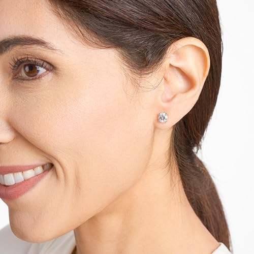 Amazon Essentials Plated Sterling Silver Cubic Zirconia Stud Earrings (Round & Princess) - color: White/Platinum, size: 6.5 mm, style: Round Cut