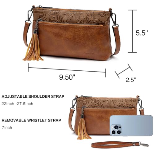 LAVAWA Women's Crossbody Handbag Small Vintage, Ladies Wallet Western Adjustable Phone Purse Clutch Turquoise Concho Embossed - color: Brown3