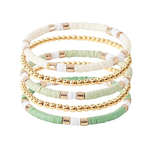 GOOJIDS Surfer Heishi Clay Bead Bracelets for Women Bohemian Stackable Gold Plated Beaded Stretch Bracelets Elastic Layering Friendship Bracelets Set Boho Jewelry - color: C-New Green Color Sets