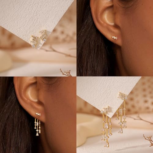 Dangle Earrings for Women, Dainty Gold Drop Earrings 14k Gold Plated Long CZ Bar Earrings for Women Trendy Simple Hypoallergenic Chandelier Stud Earrings Formal Wedding Prom Jewelry for Women - color: dangle1
