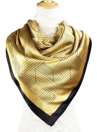 vabovin Satin Head Scarf for Women Silk Like Hair Scarf, 35 x 35 in | Silk Feel Fabric, Hair Wrap for Sleeping, Headscarf and Neck Scarf, Square Bandana Style, Fashion Accessory - color: 118 Yellow Line Pattern