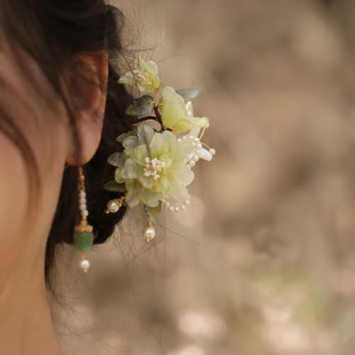 Handmade Floral Hair Pins, Yellow Jade Flower with Pearl Accents, Traditional Chinese Wedding Hair Accessories