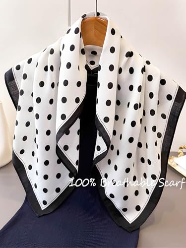 100% Mulberry Silk Scarf for Women Hair Lightweight Square Neckerchief Wrap For Head Scarves 21" - color: 26-white Black Point /21"*21"