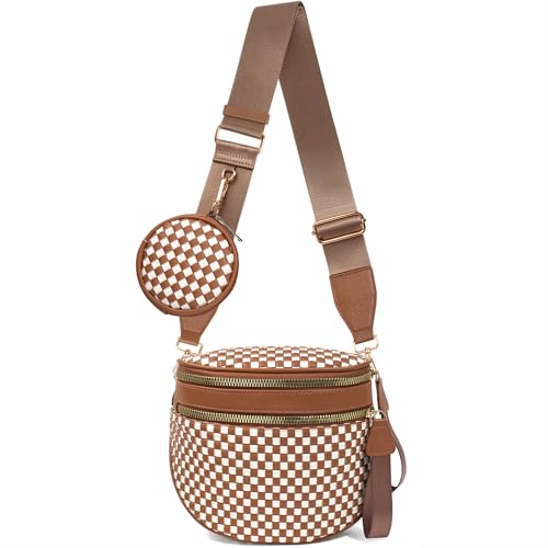 Valentoria Large Woven Leather Crossbody Bags for Women Checkered Bum Bag Sling Bag Purse Adjustable Strap Detachable Wallet | Woven - color: Brown&white Checkered