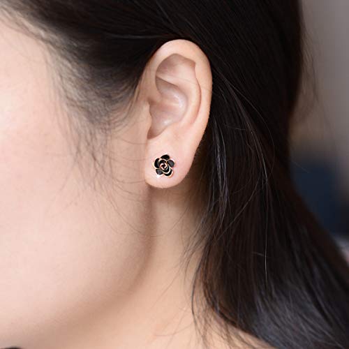 AllenCOCO Rose Flower Stud Earrings for Women Sensitive Ears, Hypoallergenic Cute Gold And Silver Rose Flower Earrings Studs for Women Nickel Free - color: Black flower/Rose gold, size: 0.35
