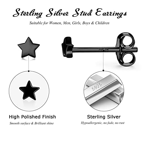 3 Pairs 925 Sterling Silver Star Stud Earrings for Women,Tiny Simple Geometric Stud Earrings Set Small Hypoallergenic Cartilage Tragus Ear Jewellery for Men (3/4/5mm) - color: 11 Black-3Pairs-3/4/5mm