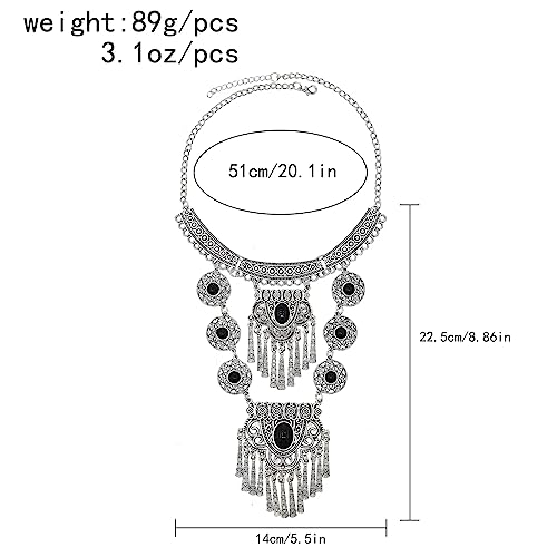 Bethynas Bohemian Ethnic Tribal Chunky Necklace Multilayer Long Tassel Turquoise Statement Neck Chain Retro Coin Gemstone Exaggerated Costume Accessories for Women - color: C-Black
