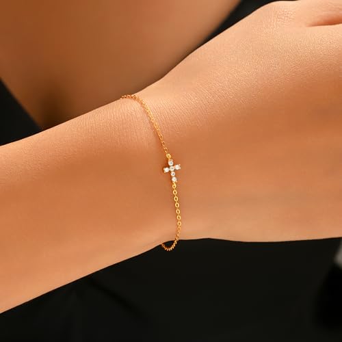 Double Cross Bracelet for Women 925 Sterling Silver Dainty 14K Gold Plated Cubic Zirconia Bracelet Faith Christian Bracelets Adjustable Chain Religious Christian Baptism Jewelry Gifts - color: Gold