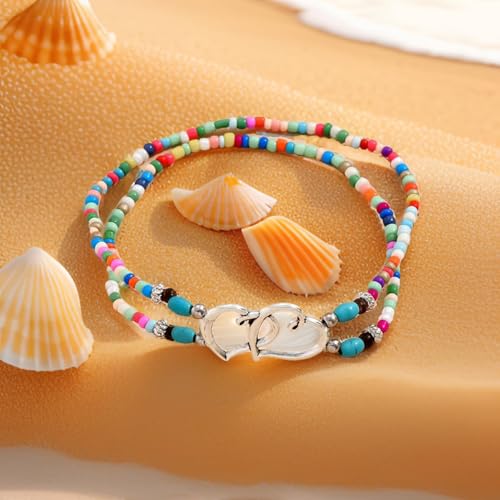 Starfish Ankle Bracelet for Women Elastic Heart Anklet Stretchy Waterproof Ankle Bracelet Colorful Beaded Anklet Boho Love Ankle Bracelet Silver Summer Beach Anklet Jewelry Accessories - color: colorful bead
