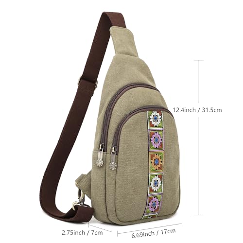 SILKAREA Canvas Sling Bag for Wome Crossbody Purse Small Sling Backpack Purse Travel Hiking Chest Bag Daypack - color: Army Green