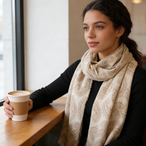 Women Paisley Soft Scarf Spring Thin Scarves Winter Western Scarves Shawl Fall Boho Scarf Wraps 25W with 75L in - color: Paisly-beige