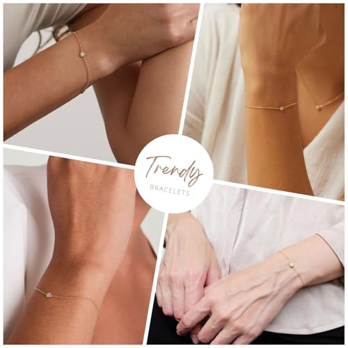 NOKMIT Solid 925 Sterling Silver Bracelets for Women, Dainty Interlocking Circles Cubic Zirconia Adjustable Chain Bracelet, Trendy Stackable Link Bracelets, Simple Cute Jewelry Gifts - color: Gold Bezel-Set CZ