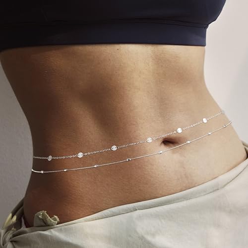Kyerlyn Body Chain for Women 14K Gold Plated Waist Beads Chain Gold Belly Belt Cuban Layered Body Chains Waterproof Adjustable Sexy Bikini Beach Body Jewelry Daily Belts Gifts for Women 26.5-33Inch - style: Bead+Sequin -SL