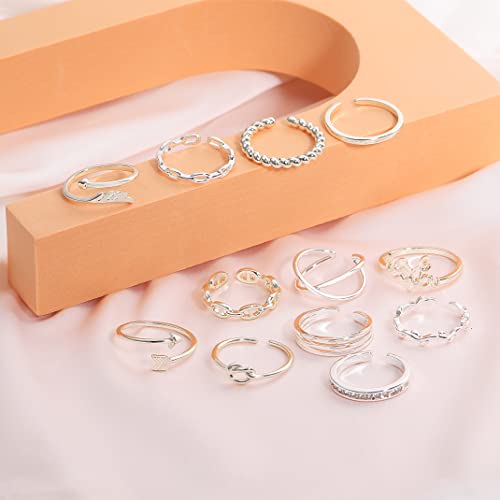 Honsny 12PCS Silver Plated Rings Adjustable Open Rings for Women Cute Gold Plated Stackable Thumb Rings Joint Chain Midi FingerArrow Knot Wave Band Rings Set - color: Silver 12pcs
