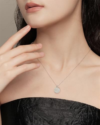 NewZenro Vintage Sun Embossed Round Disc Pendant Necklace for Women Dainty Minimalist S925 Sterling Silver 18K Gold Plated Link Choker Necklaces Adjustable Chain Fashion Trendy Jewelry for Her Bff - color: Silver
