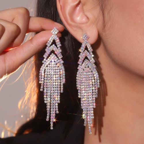 Rhinestone Tassel Earrings Sparkly Long Fringe Crystal Chandelier Dangle Drop Earrings Wedding Party Prom Earrings Premium Iridescent Earrings Wedding Party Jewelry Gifts for Women - color: Silver5