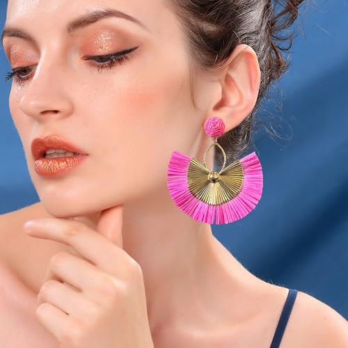 Anmpab Straw Fan Bohemian Tassel Earrings for Women Trendy Colorful Fringe Summer Beach Statement Earrings - color: Hot Pink