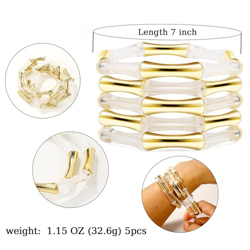 Gold Tube Bangle Bracelets for Women Stackable Bamboo Chunky Acrylic Beads Stretch Friendship Summer Beach Bracelet Jewelry - color: Clear