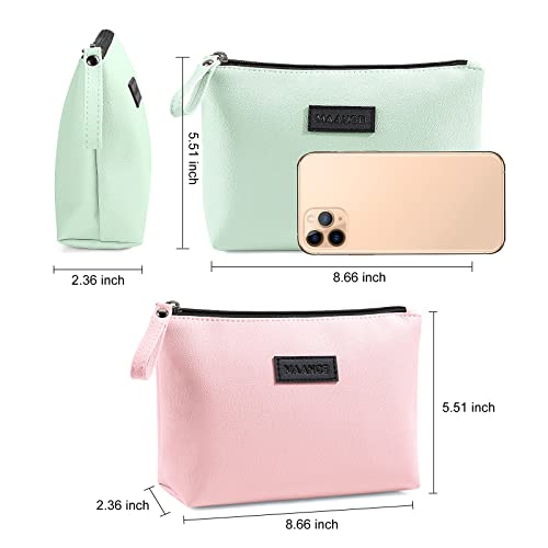 MAANGE Cosmetic Bags for Women Small Makeup Bag for Purse Pu Leather Makeup Pouch Travel Makeup Bag with Zipper Make Up Bag for Travelling - color: Pink + Green