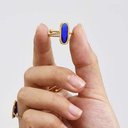 18K Gold Plated Adjustable Twisted Rings for Women Non Tarnish Oval Czech Glass Stone Stainless Steel Statement Rings Open Gemstone Boho Stackable Band Jewelry - color: Royal Blue