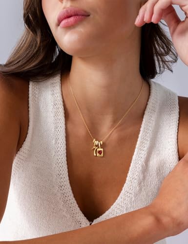 Freekiss Gold Pendant Necklace for Women, Dainty Diamond Necklaces for Women Simple 14K Gold Plated Paperclip Choker Necklaces Cute Minimalist Open Oval Necklaces Gold Jewelry for Women Gifts - color: Gold, style: Number 7 - Agate Red Square