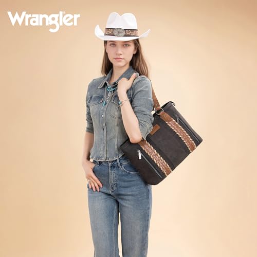 Wrangler Multi Pockets Tote Bag for Women Western Braided Shoulder Bag with Large Capacity for Everyday - color: Rtero-black