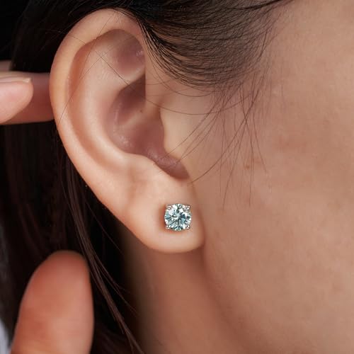 YODEWA 1/2/3ct Moissanite Stud Earrings for Women 925 Sterling Silver Hypoallergenic Butterfly Back 1 Pair DEF Color Lab Created Brilliant Round Moissanite Earrings - color: Round Light Blue, size: 1CTW(0.5CT*2-5.0mm)