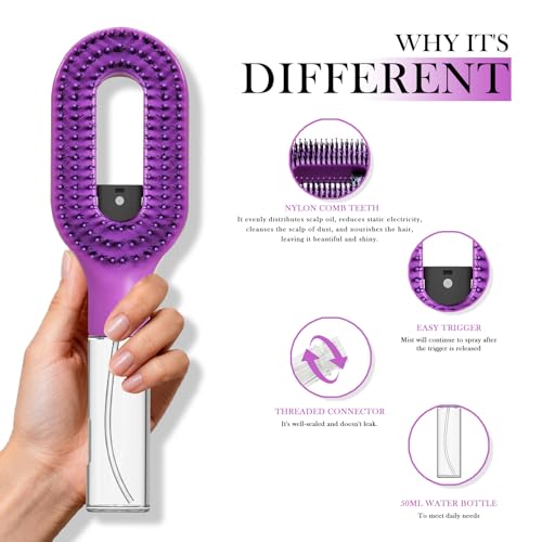 2-in-1 Manual Non-Electric Detangler Hair Brush with Built-In Mister Spray, Wet & Dry Detangling Brush for Curly, Wavy & Straight Hair, No-Tangle Anti-Frizz Brush，Reservoir 50ml.(Purple) - color: Purple