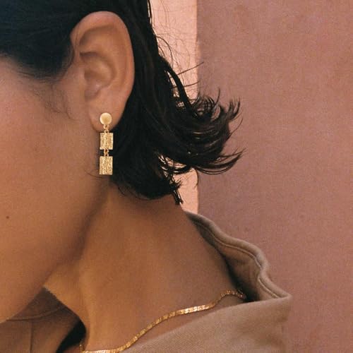 Stud Earrings for Women 14k Gold Plated Geometric Dangle Earrings Lightweight Minimalist Handmade Hammered Texture Oval Disc Drop Double-layer Big Hoop Dangle Earrings for Women - color: Rectangle Disc