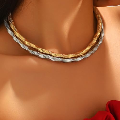 Chunky Gold Collar Choker Statement Necklace for Women Trendy | Gold Plated Layered Twist Flat Thick Snake Herringbone Chain African Torque Necklace Prom Boho Necklaces Party Jewelry Gift - style: Twist Link Chain/Gold