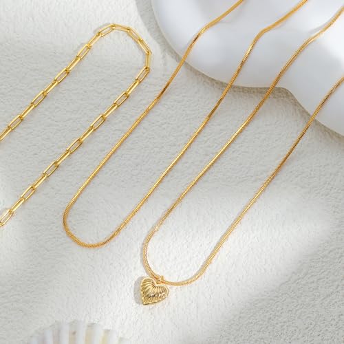 6PCS Layered Gold Necklaces for Women Trendy, 18K Gold Plated Cross Pendant Necklace Set, Vintage Chunky Gold Necklace Stack for Women Jewelry Gifts - style: 3PCS Layered Heart Necklace