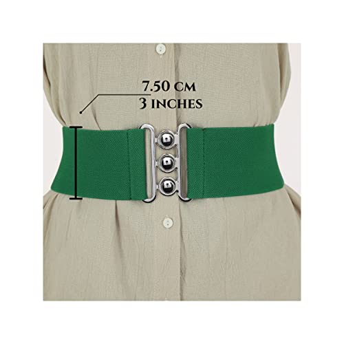 FASHIONGEN - Wide Waist Elasticated Woman Belt Made in France, GLORIA - color: Green (Silver Buckle), size: XS / waist size 25 to 28