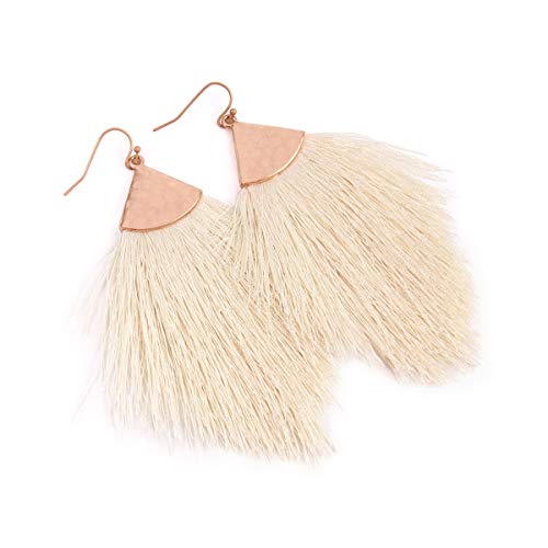 Bohemian Silky Thread Fan Fringe Tassel Statement Earrings - Lightweight Strand Feather Shape Dangles - color: Feather Fringe - White