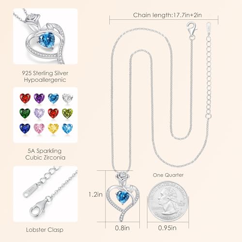 LOUISA SECRET Rose Flower Heart Birthstone Necklaces for Women, 925 Sterling Silver Jewelry, Pendant Heart Necklaces Birthday Anniversary Christmas Gift for Women Wife Mom Girlfriend Lady - color: White Gold-03-Mar