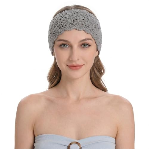 ZLYC Women Floral Headband Handmade Crochet Knit Vintage Hair Bands (Plain Gray) - color: Plain Gray