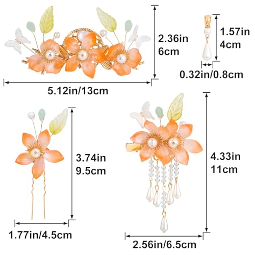 HINZIC 5pcs Flower Tassels Hairpin for Women, Non-Slip Pearl Butterfly Love Flower Hair Combs, Retro Chinese Hanfu Wedding Brides Hair Accessories for Long Hair - color: Orange